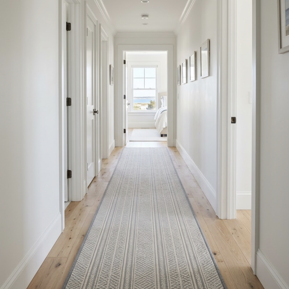 Carpet runner lying flat down a white oak hallway with a few inches of wood floor showing on each side